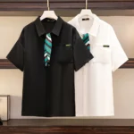 Plus-size women's summer casual loose Korean version short-sleeved bow tie shirt Fashion polo collar single-breasted T-shirt top