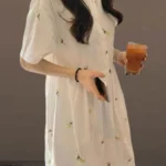 Loose Summer Cute Sweet Japanese Style Girls Flower Embroidery Retro Vintage Single Breasted Button Cotton Blends Shirt Dress