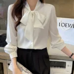 Korean Lacing Loose Solid Blouse Spring Autumn New Chiffon Long Sleeve All-match Elegant Shirt Tops Fashion Office Women Clothes