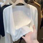 Short Ice Silk Knitted Sun Protection Cardigan Women's Thin Summer Suspender Skirt Layered Gauze Jacket Air-conditioned Cover Up