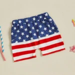 Baby Boy 4th of July Shorts American Flag Stars Striped Rocket Print Elastic Waist Toddler Boy Shorts Firework Pattern