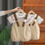 Boys' summer short sleeved set 2025 new casual baby overalls stylish children's summer thin two-piece set