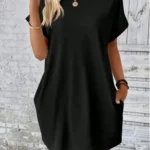 Minimalist Solid Color Mini Skirt Women's Temperament Round Neck Pocket T Shirt Dress Summer Casual 2024 New Dresses