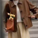 Leather Jacket with Pockets Buttons Front Faux Leather Coat Lapel Collar Long Sleeves Tops Autumn/Winter Woman Clothing