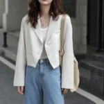 Fashion Design Cropped Suit Jacket Women 2025 Autumn Long Sleeve Korean Blazers Woman Solid Color Single-Breasted Office Coat