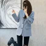 Women Blazer Casual Jacket Multi-Color Pocket All-Match Long Sleeved OL Autumn Winter Elegant Office Lady Coat Loose Solid Thin