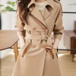 Solid Mid length Trench for Women Fall Winter 2023 New Vintage Turn Down Collar Long Sleeve Jacket Loose Double Breasted Coat