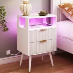 LED Nightstand with Charging Station and 2 Storage Drawer & Open Wood Shelf for Bedroom and Small Spaces, Nightstand