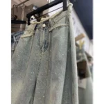 Heavy Embroidery Hot Drilling Starry Raw Hem High Waist Jeans Women's Summer Thin Loose Fashion Mop Wide Leg Pants