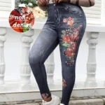 Plus Size Women Leggings Imitation Denim Floral Print Rhinestone Fashion Casual Sports Pants Female Skinny Pant Gym Clothing