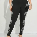 Plus Size Women's Pants Skeleton Pattern Rhinestone Leggings Gym Elasticity Sports Tights Casual Youthful Female Clothing Winter