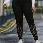 GIBSIE Plus Size Women's Fashion Contrast Lace Black Leggings New Spring Fall High Waist Elastic Casual Skinny Leggings Female