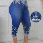 Plus Size Women's Capri Leggings with Butterfly Pattern Denim-Look Print Comfortable Stretch Fashion Casual Mid-Calf Knit Pants