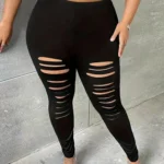 GIBSIE Plus Size Fashion Black Ripped Leggings For Women Spring Summer Street Casual Mid Waisted Stretch Slim Pencil Pants