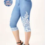 Plus Size Women's Imitation Denim Printed Tight Capri High Elasticity Knitted fashion Casual Leggings