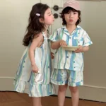 Children's Pajamas Brother and Sister Summer Home Clothes Boys' Shirt Shorts Sleepwear 2Pcs Girls' Suspenders Dress Nightgown