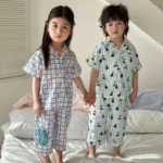 Children's Pajamas Summer 1-8Y Home Clothing Set Thin Pure Cotton Boys Lapel Top Pants 2Pcs Suit Girls Cartoon Printed Sleepwear