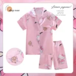 Girls Ice Silk Pajamas Set Children's Sanrio Hello Kitty Cartoon Turn-down Collar Short Sleeve Top + Shorts 2Pcs Kids Nightwear