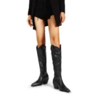 Women's Western Mid calf Pointed Head Large Denim Embroidered Flame High Heels Over Knee Gothic Boots