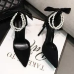Black Women's Pumps   Summer New Brand Design String Bead Pearls Wedding Bridal High Heels Sexy Pointed Toe Party Dance Shoes
