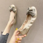 Womens Foldable Soft Round Toe Ballet Flats Butterfly Knot Sweet Comfortable Slip on Flat Ballerinas Shoes Woman PU Leather