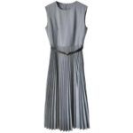 Women Summer Slim Waist Pleated Dress | Elegant Gray Sleeveless Tank Dress with Back Zipper