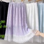 2022 Spring Women Skirts Lace Patchwork Pleated Skirts Sweet Solid Skirt Femme Elastic High Waist Elegant Skirt Women Streetwear