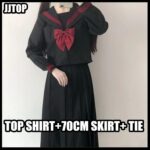 High Quality Black Japanese JK Sailor School Uniform Pleated Long Skirt Set