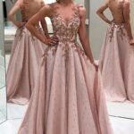 Pink A-Line Prom Dress with Pearl Appliques – Illusion Backless Chiffon Evening Gown