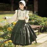 Chinese Lolita Dress Set Elegant Vintage Ruffle Skirt with White Blouse Autumn Winter Outfit