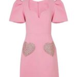 Fashion Love Embroidery Patchwork Mini Dress for Women Square Neck Puff Sleeve Slim Fit Streetwear Dress