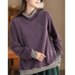 Retro Fake Two-Piece Women Sweatshirt Striped Patchwork Casual Loose Top