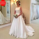 White Satin A-Line Wedding Dress | Scoop Neck Backless Sweep Train Simple Bridal Gown
