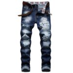 Men Summer Trend Straight Jeans Thin Blue Printed Casual Elastic Denim